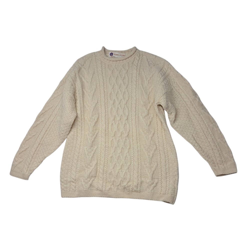 Wool Overs Sweater Mens Large Cream British Cable Knit 100% Wool Thick Fisherman